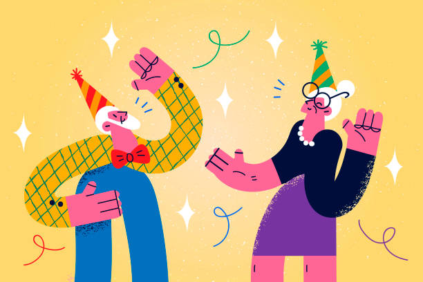 Happy old grandparents have fun celebrating together Overjoyed old grandparents in hats have fun celebrate anniversary together. Smiling mature man and woman dance enjoy party or celebration. Active funny maturity. Vector illustration. old people dancing stock illustrations