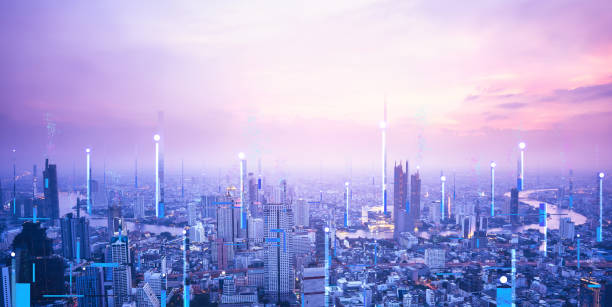 istock Digital technology modern city network in cyber punk theme color concept 1387014510