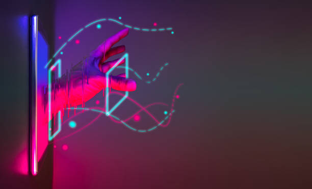 istock Hand get off from smartphone with neon graphic line. 1387014781