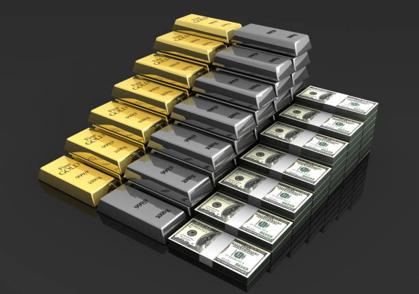 Gold and platinum ingots and cash dollars rising step by step in bundles on black background. The earnings of new billionaires have been increasing rapidly in recent years. / You can see the animation movie of this image from my iStock video portfolio. Video number: 1386316266