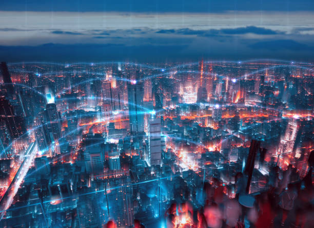 istock Manipulated city with digital network line for connect metaverse era. 1387015058