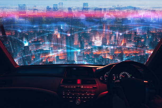 istock Car inside cockpit view in the sky over cyberpunk metropolitans game. 1387015119
