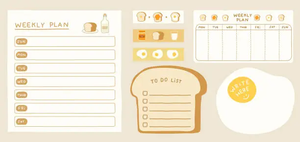 Vector illustration of Set of cute weekly plan and memo not pad template with cozy breakfast theme. A collection organizer planner, blank memo, to do list paper pad, schedule, diary or work plan.