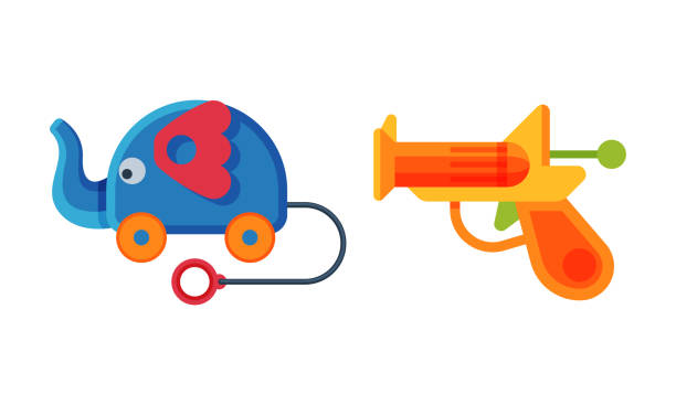 illustrazioni stock, clip art, cartoni animati e icone di tendenza di set di giocattoli per bambini. pistola di plastica ed elefante su ruote illustrazione vettoriale del cartone animato - toy gun