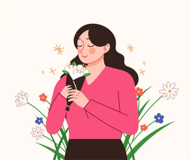 Vector illustration of A woman is smelling flowers.