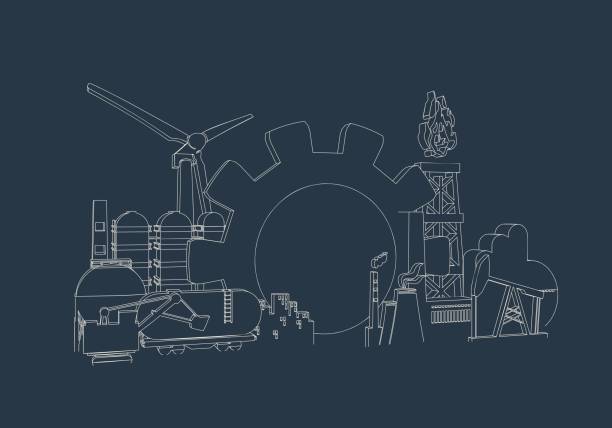 ilustraciones, imágenes clip art, dibujos animados e iconos de stock de concepto industrial de energía y energía. iconos y engranajes industriales - oil industry illustrations