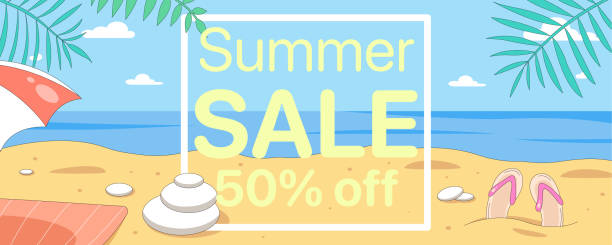 istock Beach palms and sea summer horizontal sale banner. 50% off banner design template for discount, coupon, ad, poster. Clouds, ocean view, beach umbrella flip flops, vacation summer stuff background. 1387017750