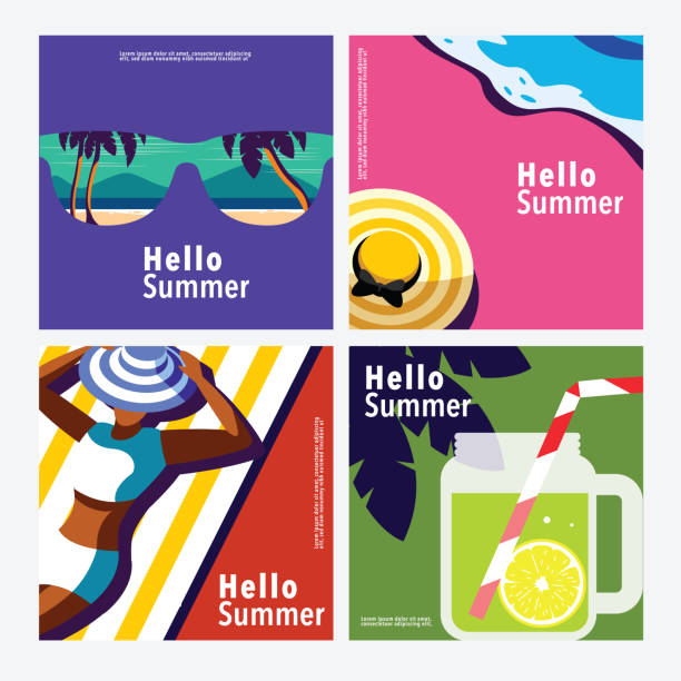 hallo sommer, quadratische bannervorlage, flacher vektor - drink umbrella stock-grafiken, -clipart, -cartoons und -symbole