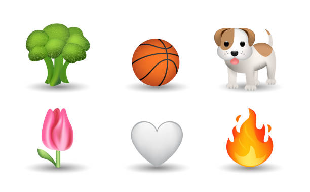 ilustraciones, imágenes clip art, dibujos animados e iconos de stock de brócoli, pelota de baloncesto, perro, corazón blanco, tulipán, emoji vectorial de llama ilustración - vegetable basket