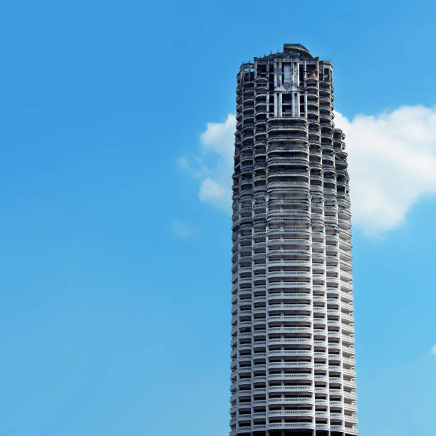 Cityscape view of Bangkok with tall buildings over sunny blue sky in Thailand
