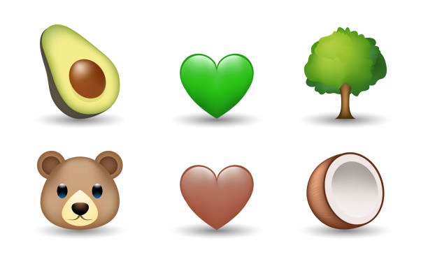 ilustraciones, imágenes clip art, dibujos animados e iconos de stock de aguacate, árbol, oso, corazón marrón y verde, emoji vectorial de coco ilustración - group of objects avocado green brown