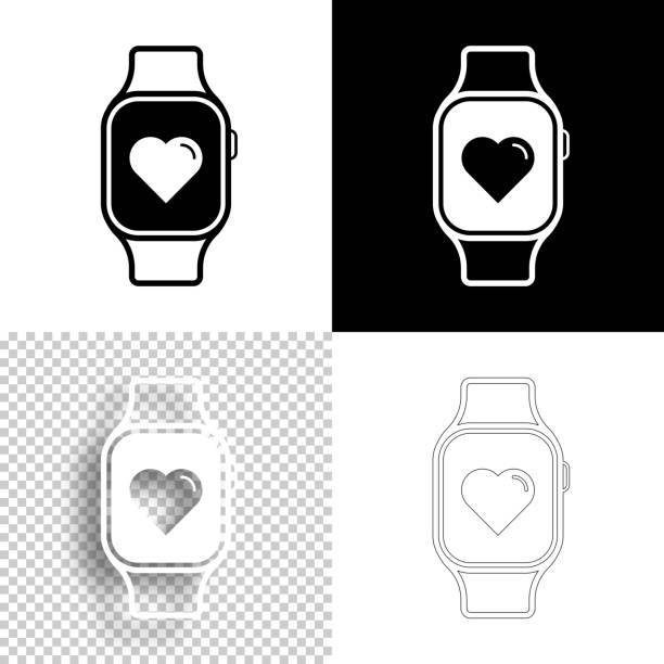 ilustraciones, imágenes clip art, dibujos animados e iconos de stock de smartwatch con corazón. icono para el diseño. fondos en blanco, blancos y negros - icono de línea - black background love care red