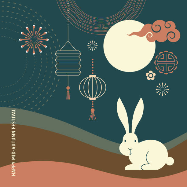 Mid-autumn festival, rabbits and full moon vector art illustration