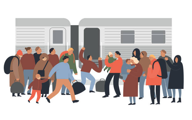 People getting on a train on a platform on a railway station. Refugees . vector art illustration