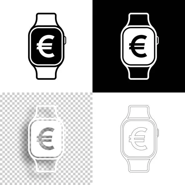 Vector illustration of Smartwatch with Euro sign. Icon for design. Blank, white and black backgrounds - Line icon