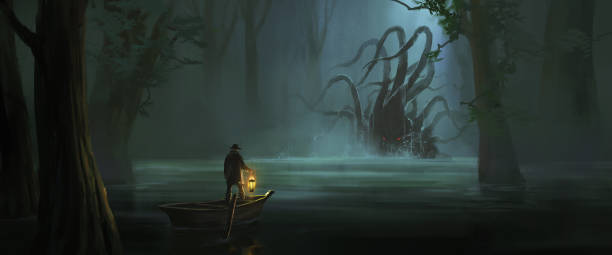 Octopus-shaped monster in the swamp, 3D illustration.