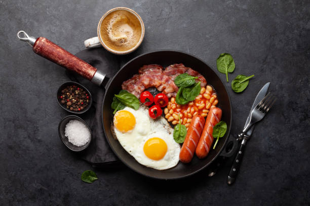 istock English breakfast with fried eggs, beans, bacon and sausages 1387031273