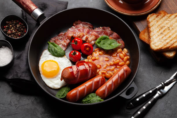 istock English breakfast with fried eggs, beans, bacon and sausages 1387031311