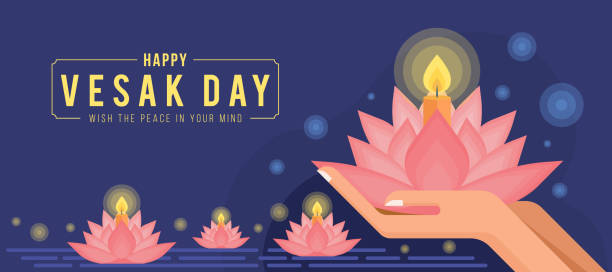 Happy vesak day or buddha purnima - hand holding pink lotus with candle light to float on the river to remember the Buddha vector design Happy vesak day or buddha purnima - hand holding pink lotus with candle light to float on the river to remember the Buddha vector design vesak day stock illustrations