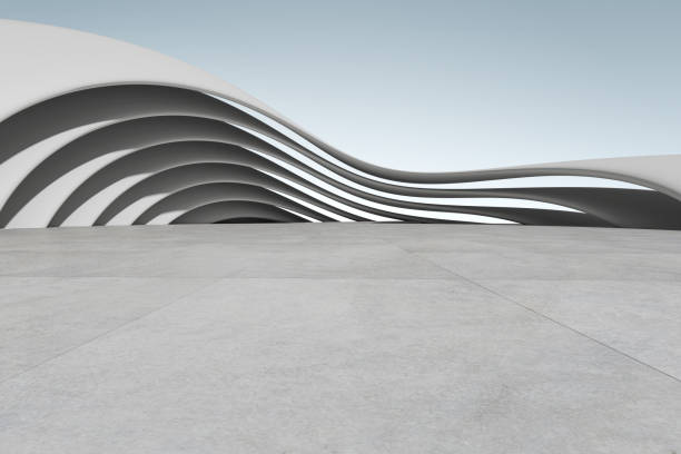 istock 3d render of futuristic concrete architecture with car park, empty cement floor. 1387032764