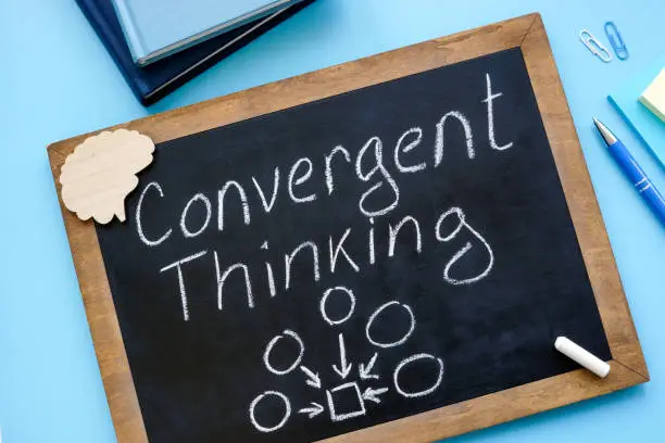 Photo of Convergent thinking handwritten on the small blackboard.