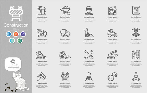 infografika z ikonami linii konstrukcyjnych - work tool blueprint construction helmet stock illustrations