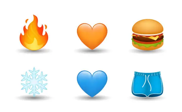 Vector illustration of Hamburger, fire flame, orange and blue heart, snowflake, shorts vector emoji Illustration