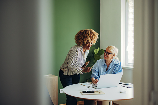 Cheerful smiling African American woman talking to female colleague who is sitting at office desk.