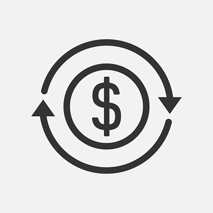 Money changer or money back refund investment icon isolated flat design vector illustration on white background.