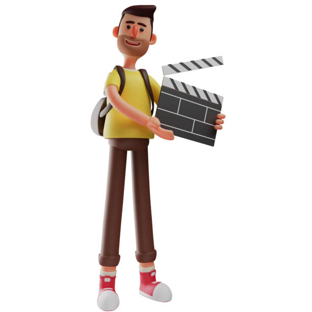 istock 3D Photographer Cartoon Character holding having an action board 1387037577