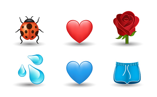 6 Emoticon isolated on White Background. Isolated Vector Illustration. Water drop, red rose, red and blue heart, ladybug, shorts vector emoji Illustration. 3d Illustration set.