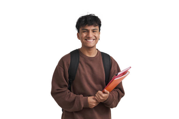 Young peruvian student smiling and looking at camera, isolated. stock photo