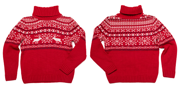 Children's warm Christmas turtleneck jumper (Ugly sweater) with Norwegian knitted rose pattern (Selburose) ornament front and back on white background