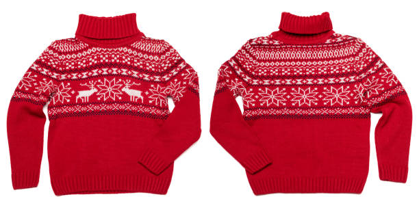 Kids warm Christmas turtleneck sweater front and back on white background stock photo