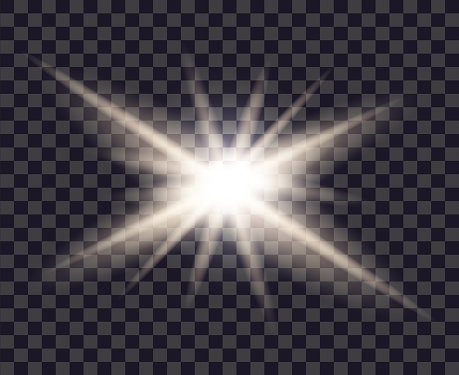 Flare light. White flare light. Bright spark star isolated on transparent background. Glare of lens. Glitter spark. Flash of camera. Shining sunlight ray. Magic burst beam. Vector.