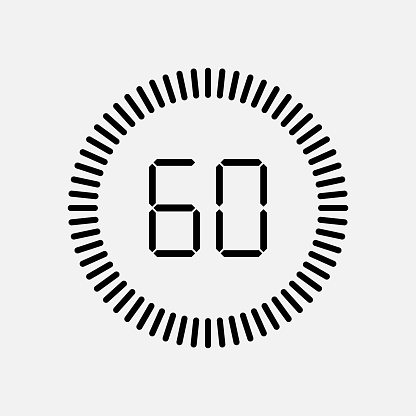 60 sec on timer. Icon sixty seconds. Stopwatch with one minute. Clock for time, countdown and stop. Watch with sixty sec. Chronometer for speed, sport and cooking. Graphic symbol. Vector.