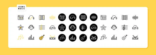 Vector illustration of Music icons set. Icons guitar, headphones, song tempo, favorite song, drum and synthesizer. Song concept. Vector EPS 10