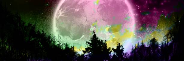 istock Illustration of beautiful night sky scape and mysterious moon beyond silhouette of forest 1387042416