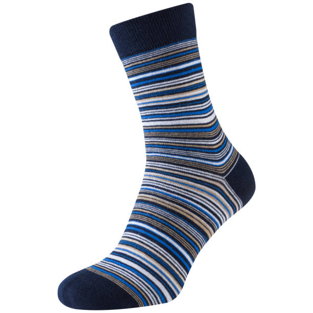istock voluminous sock in blue and white stripes of different thicknesses, located toe forward, on a white background 1387045027