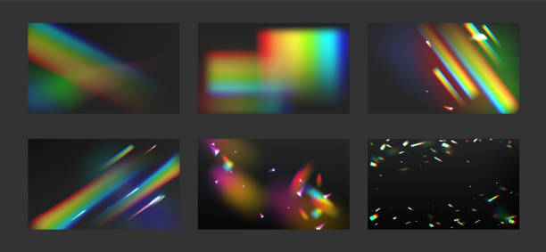 Rainbow crystal light beams, prism backgrounds Rainbow crystal light beams, prism on black background. Collection of flare reflection, blurred lens refraction, glare, optical physics kaleidoscope fantasy effect, Realistic 3d vector illustration coloured glass texture stock illustrations