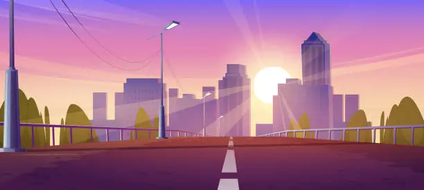 Vector illustration of Overpass car road to city at sunset