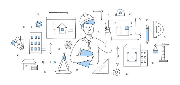 청사진, 엔지니어링을 들고 건축가 노동자 - drawing compass architecture work tool engineering stock illustrations