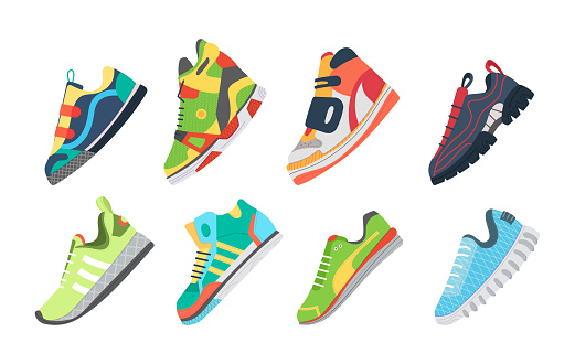 Fitness sneakers shoes set. Comfortable shoes for training, running and walking. Sports shoes of various shapes bright colors cartoon vector illustration