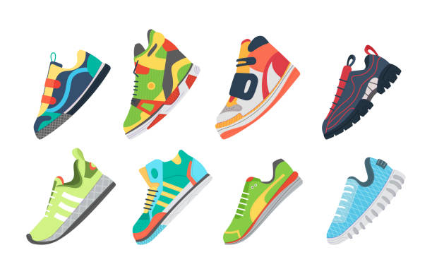Comfortable shoes for training, running and walking. Fitness sneakers shoes set. Comfortable shoes for training, running and walking. Sports shoes of various shapes bright colors cartoon vector illustration shoe stock illustrations