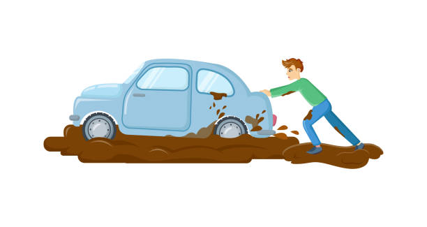 ilustrações, clipart, desenhos animados e ícones de desastres naturais, condições climáticas severas. carros presos devido ao mau tempo. jovem preso na lama e empurrando carro - sem saída