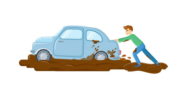Natural disasters, severe weather conditions. Stuck cars due to bad weather. Young man stuck in mud and pushing car vector art illustration