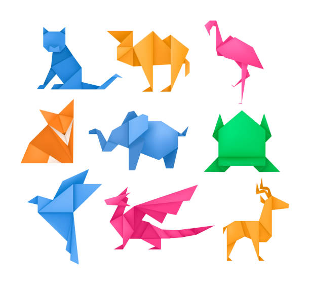 Origami animals different paper toys set vector Origami animals different paper toys set frog, bird, camel, mouse, cat, deer, fox, dragon, elephant, dinosaur, flamingo, wolf cartoon geometric game toys japanese paper origami wildlife symbol vector chinese frog stock illustrations