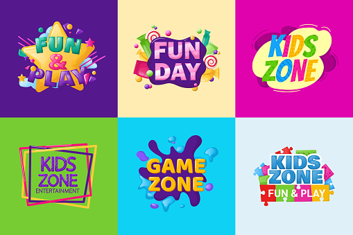 Kids zone fun day entertainment set childish banner label sticker badge logo. Cartoon colorful logo for children's playroom decoration, fun play, kids zone vector illustration