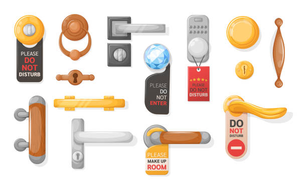 Hotel handle door room set. Door knobs with Do Not Disturb Sign. Doorknob handle to lock doors at home ofiice hotel vector art illustration