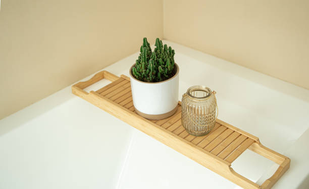 istock Wooden shelf stand for a bath close-up. 1387051125
